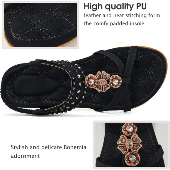 Womens Black PU Leather Casual Beach Summer Jeweled Bohemian Flats Sandals - Picture 2 of 5